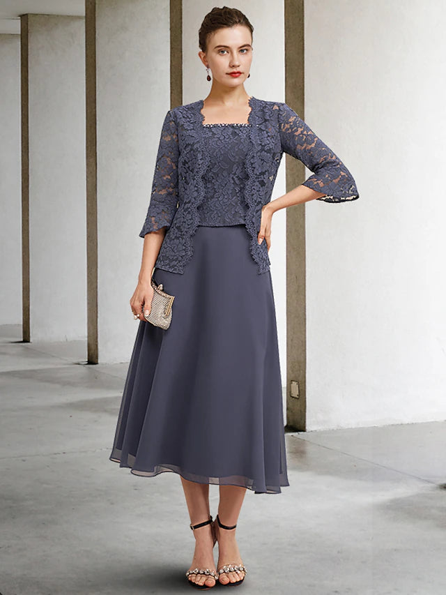 Luolandi A-Line 3 Piece Mother of the Bride Dress Plus Size Elegant Square Neck Tea Length Chiffon Lace Sleeveless Wrap Included Jacket Dresses with Crystals